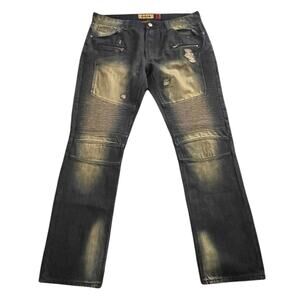 Mens Makobi Jeans 36x34 Blue Faded Distressed Zipper Pockets Streetwear Y2K